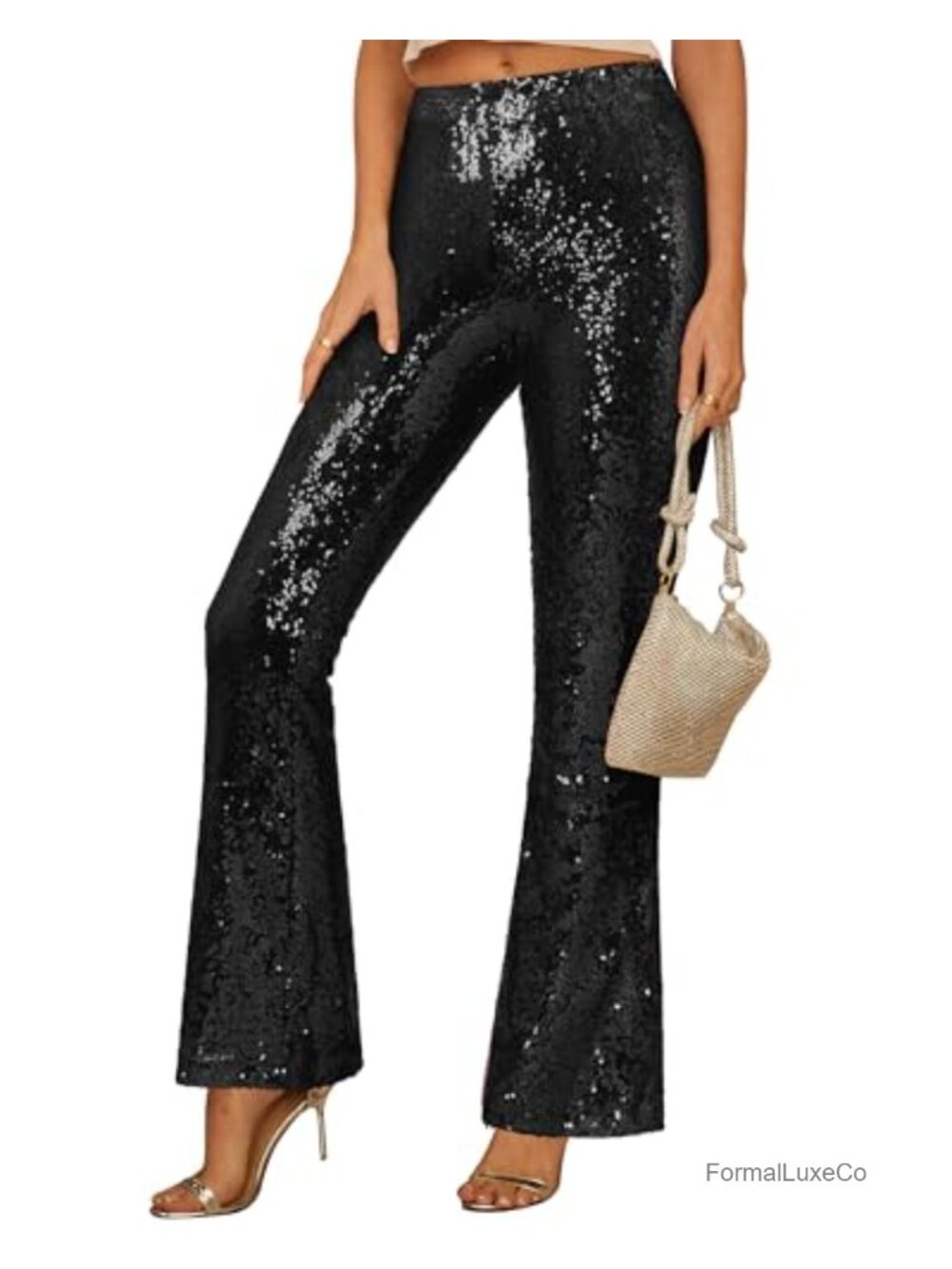 Sequin Flare Pants High Waisted Elastic Pull On Party Club Night Out Dance